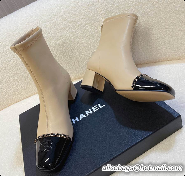 Low Cost Chanel Patent Leather Ankle boots Beige 60703111