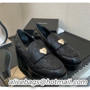 Shop Duplicate Chanel CC Quilted Heart Heel Loafers in Black 60703112