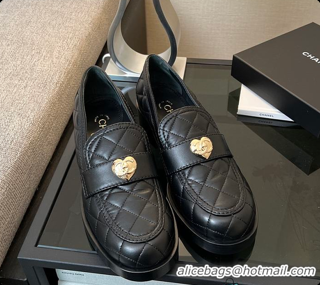 Shop Duplicate Chanel CC Quilted Heart Heel Loafers in Black 60703112