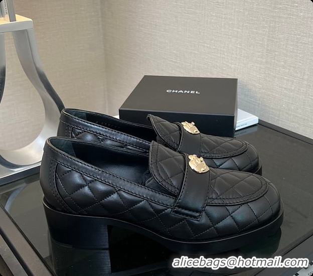 Shop Duplicate Chanel CC Quilted Heart Heel Loafers in Black 60703112