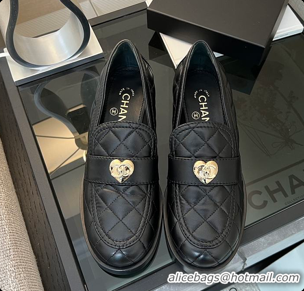 Shop Duplicate Chanel CC Quilted Heart Heel Loafers in Black 60703112