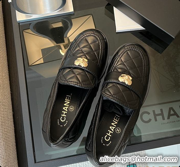 Shop Duplicate Chanel CC Quilted Heart Heel Loafers in Black 60703112