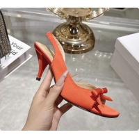 Top Grade Dior Bow Heeled Slingback Sandals Orange Satin Fabric 75MM 6070205