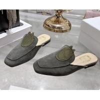 Good Quality Dior Medaillon Flat Mules Dark Green Suede Leather 6070208