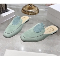 Best Price Dior Medaillon Flat Mules Light Green Suede Leather 6070208