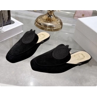 Low Price Dior Medaillon Flat Mules Black Suede Leather 6070208