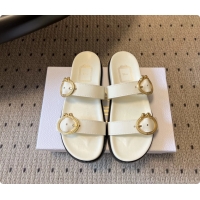 Most Popular Dior Medaillon Buckle Flat Slides Sandals White Calfskin Leather 6070211