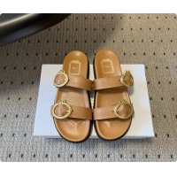 Discount Dior Medaillon Buckle Flat Slides Sandals Dark Beige Calfskin Leather 6070211