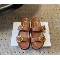 Top Grade Dior Medaillon Buckle Flat Slides Sandals Brown Calfskin Leather 6070211