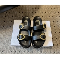 Luxury Discount Dior Medaillon Buckle Flat Slides Sandals Black Calfskin Leather 6070211