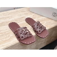 Good Quality Loewe Petal Anagram Flat Slides Sandals Burgundy Vegetable Tanned Calfskin and Metallic Studs 6070313