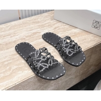 Classic Hot Loewe Petal Anagram Flat Slides Sandals Black Vegetable Tanned Calfskin and Metallic Studs 6070313