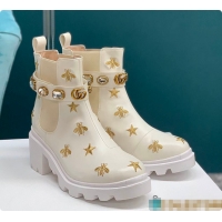 Top Grade Gucci Embroidered Leather Ankle Boots In White 60701411