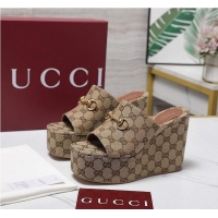 Promotional Gucci GG Canvas Women Wedge Slides Sandal 12cm With Horsebit 816328 Beige