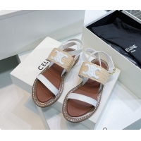 Cheap Price Celine Triomphe Raffia and Calfskin Flat Sandals White 0702114