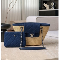 Promotional Chanel Coco Beach Small Shopping Bag Braided Straw/Canvas/Lambskin & Gold-Tone Metal CH5915 Blue Denim/Black