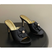 Stylish Chanel Satin Bow Pearl CC Mule Heels Black 8.5cm 60702617