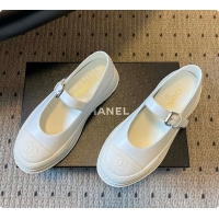 Shop Duplicate Chanel CC Logo Mary Jane Platform Leather Shoes White 60702703