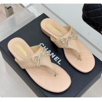 Hot Style Chanel Quilted Lambskin Thong Sandals With Bow Detail Beige & Gold 60702704