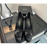 Good Quality Chanel Camellia Patent Leather Pumps with CC Logo Black 60702705