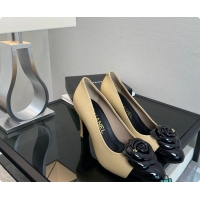 Top Design Chanel Camellia Patent Leather Pumps with CC Logo Beige & Black 60702705