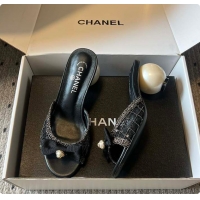 Grade Quality Chanel Sequined Black Quilted Mesh Mules with Pearl Heel 7cm 60702707
