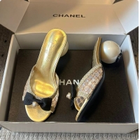 Best Product Chanel Sequined Gold Quilted Mesh Mules with Pearl Heel 7cm 60702707
