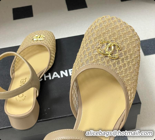 Luxurious Chanel Slingbacks Mesh & Goatskin Beige 6080104