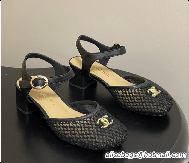 Low Cost Chanel Slingbacks Mesh & Goatskin Black 6080104