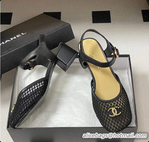 Low Cost Chanel Slingbacks Mesh & Goatskin Black 6080104