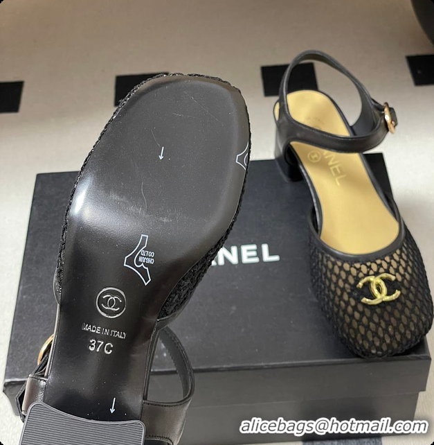 Low Cost Chanel Slingbacks Mesh & Goatskin Black 6080104