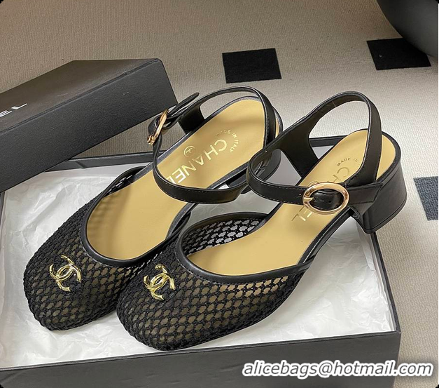 Low Cost Chanel Slingbacks Mesh & Goatskin Black 6080104