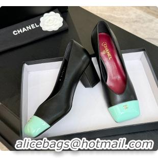 Stylish Chanel Pumps Lambskin & Patent Calfskin Black & Green 6080114