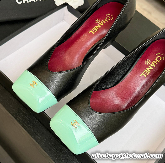 Stylish Chanel Pumps Lambskin & Patent Calfskin Black & Green 6080114