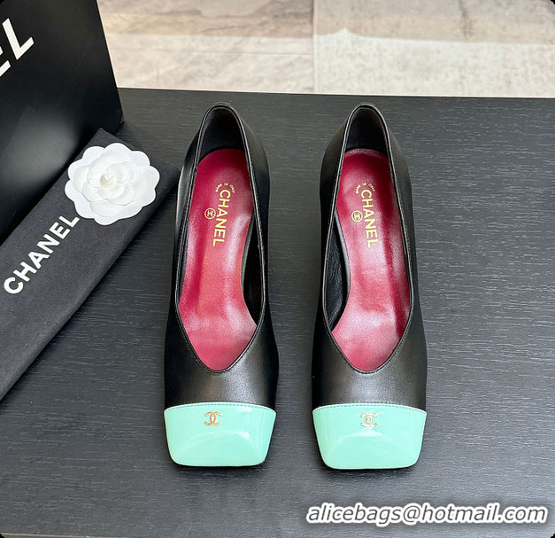 Stylish Chanel Pumps Lambskin & Patent Calfskin Black & Green 6080114