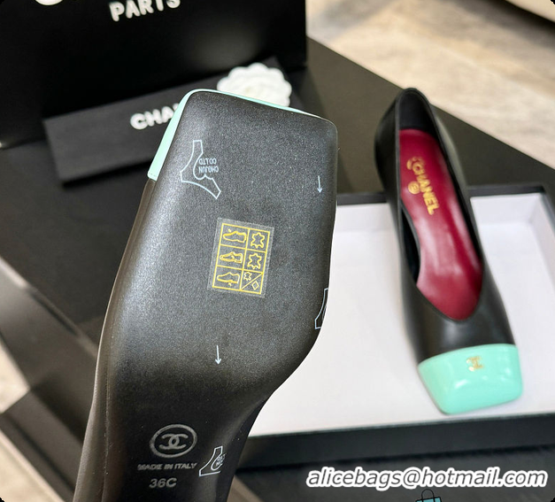 Stylish Chanel Pumps Lambskin & Patent Calfskin Black & Green 6080114