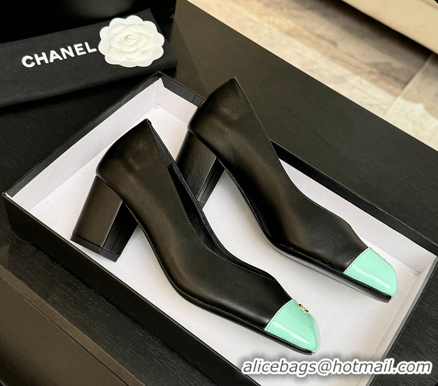 Stylish Chanel Pumps Lambskin & Patent Calfskin Black & Green 6080114
