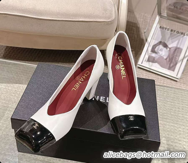 Luxury Chanel Pumps Lambskin & Patent Calfskin Ivory & Black 6080114