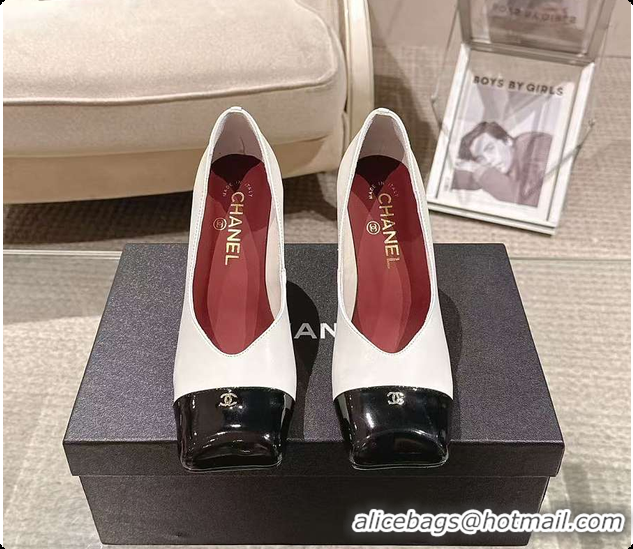 Luxury Chanel Pumps Lambskin & Patent Calfskin Ivory & Black 6080114