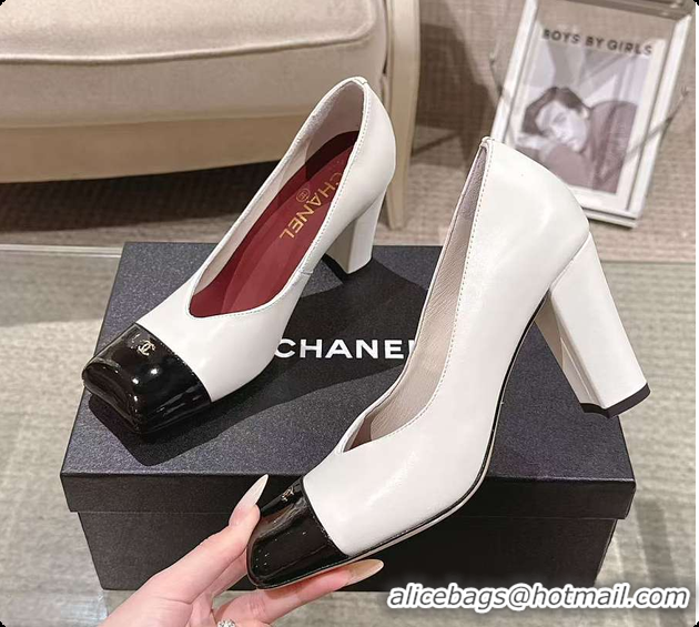 Luxury Chanel Pumps Lambskin & Patent Calfskin Ivory & Black 6080114