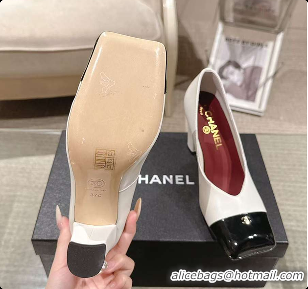 Luxury Chanel Pumps Lambskin & Patent Calfskin Ivory & Black 6080114