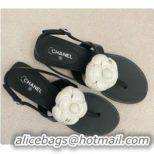 Shop Duplicate Chanel Camellia Sandals Glossy calfskin Black & White 6080201