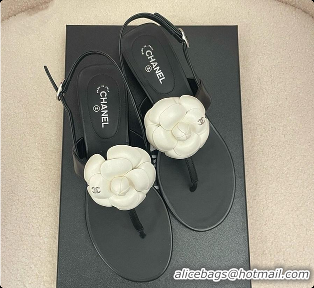 Shop Duplicate Chanel Camellia Sandals Glossy calfskin Black & White 6080201