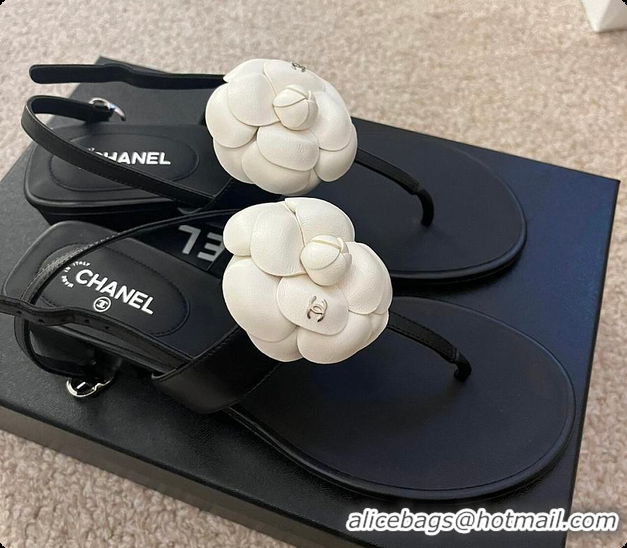 Shop Duplicate Chanel Camellia Sandals Glossy calfskin Black & White 6080201