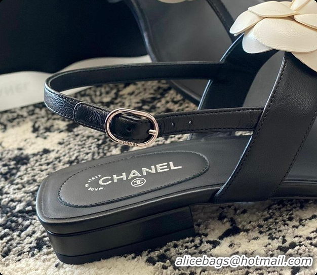 Shop Duplicate Chanel Camellia Sandals Glossy calfskin Black & White 6080201