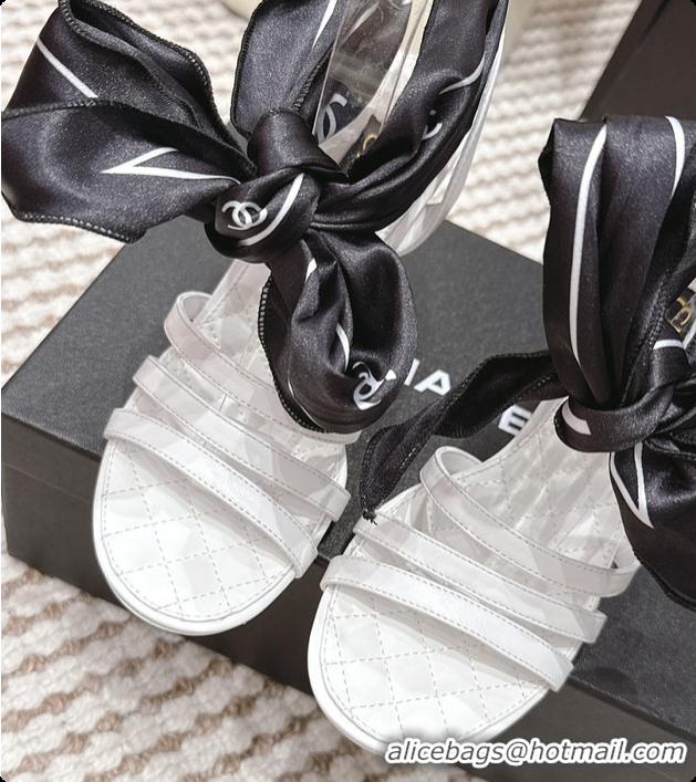 Perfect Chanel Sandals Sheepskin & Silk White & Black 6080204