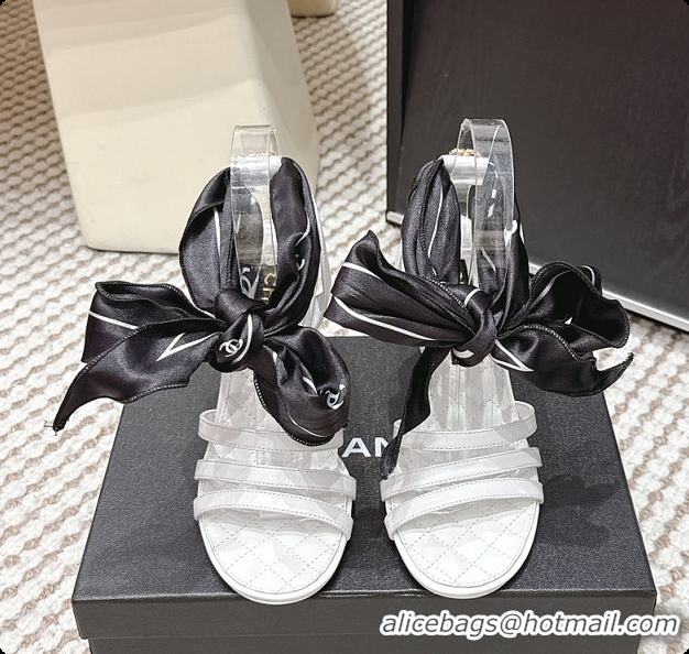 Perfect Chanel Sandals Sheepskin & Silk White & Black 6080204