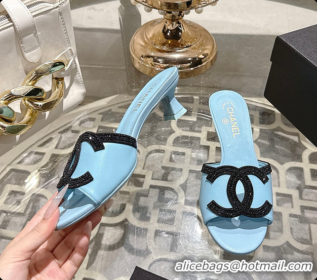 Grade Quality Chanel Mules Lambskin Baby Blue & Black 6080214