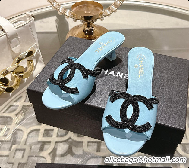 Grade Quality Chanel Mules Lambskin Baby Blue & Black 6080214