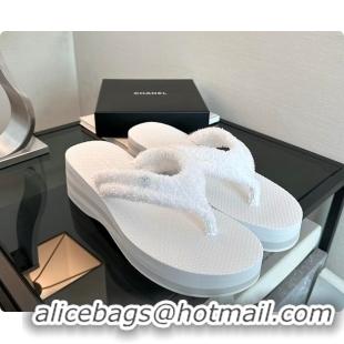 Stylish Chanel White Fabric Thongs Wedge Sandals 6080215